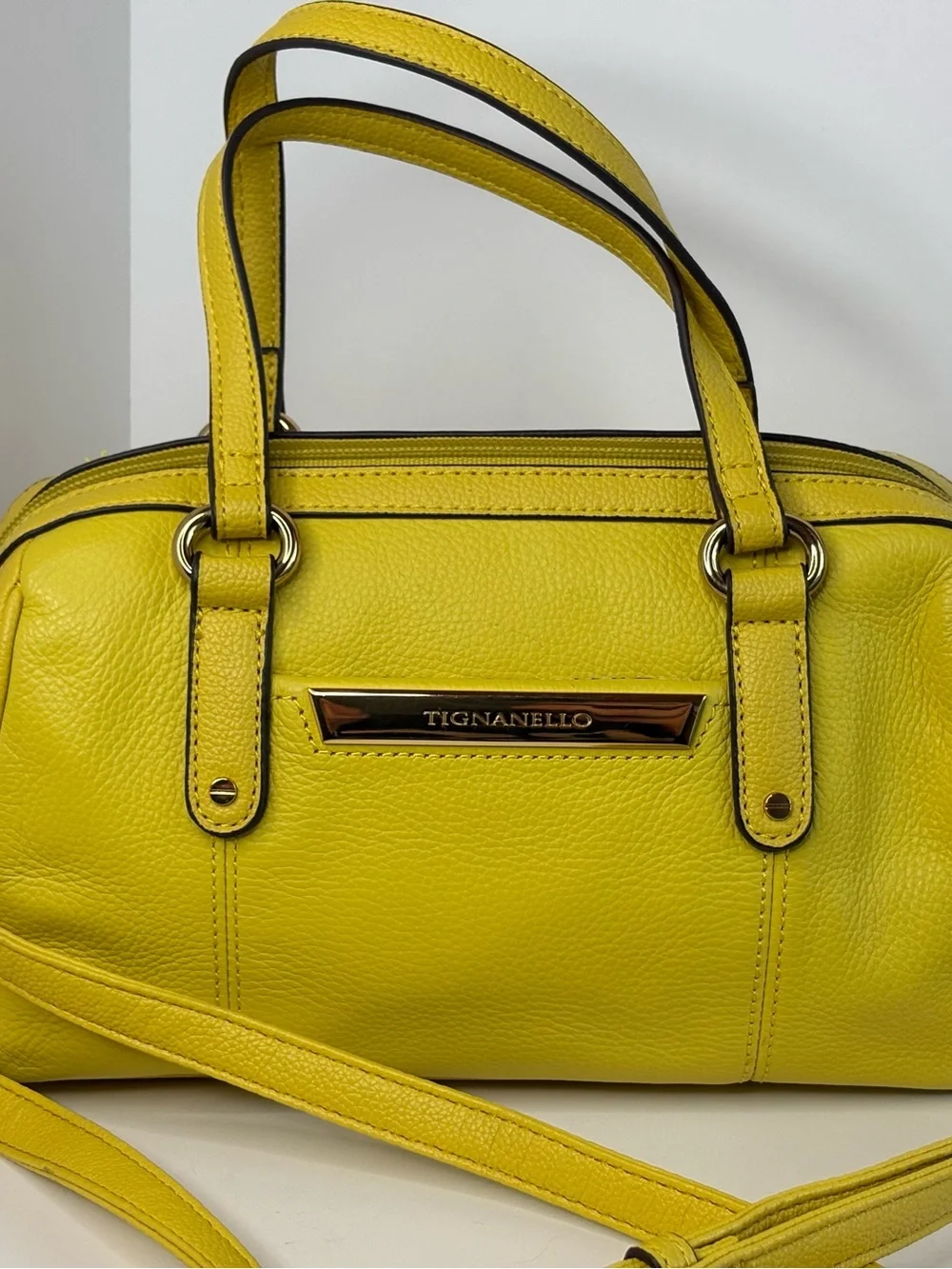 Tignanello Yellow Pebbled Leather Satchel Crossbody Purse Gold Hardware